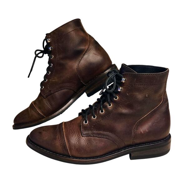 Thursday Everyday Men\'s 9.5 Brown-Leather Lace-Up Cap-Top Combat Boots Handmade main image 6